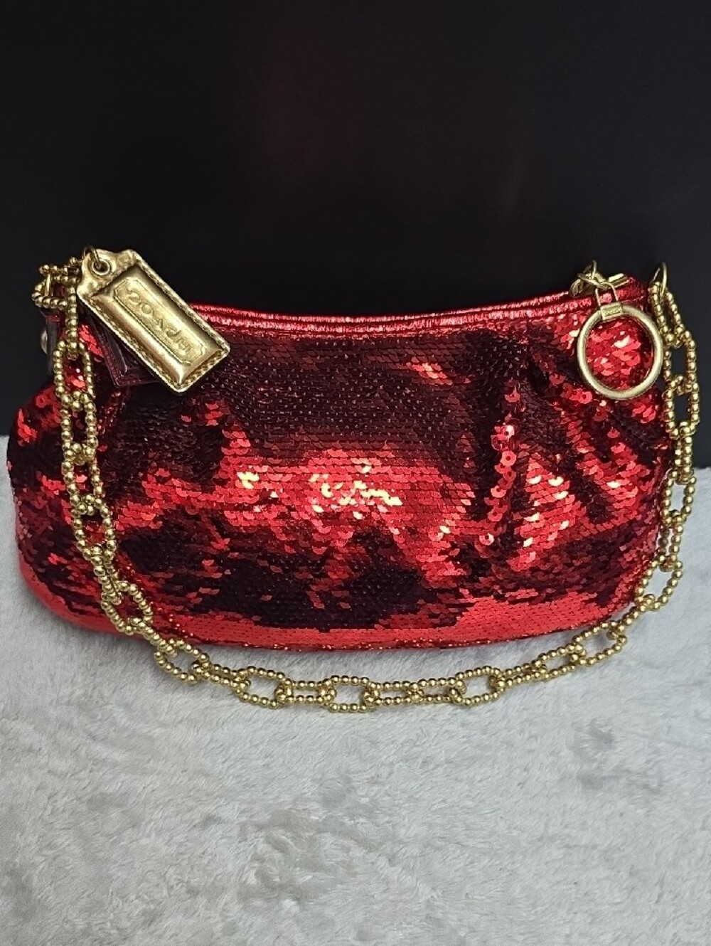 Coach Red Sequin Mini Shoulder Bag with Gold Chain - Picture 2 of 8